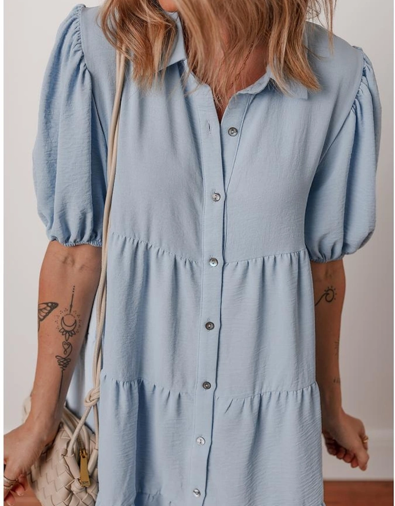 Beau Blue Shirt Collar Button Up Short Puff Sleeve Tiered Shift Dress