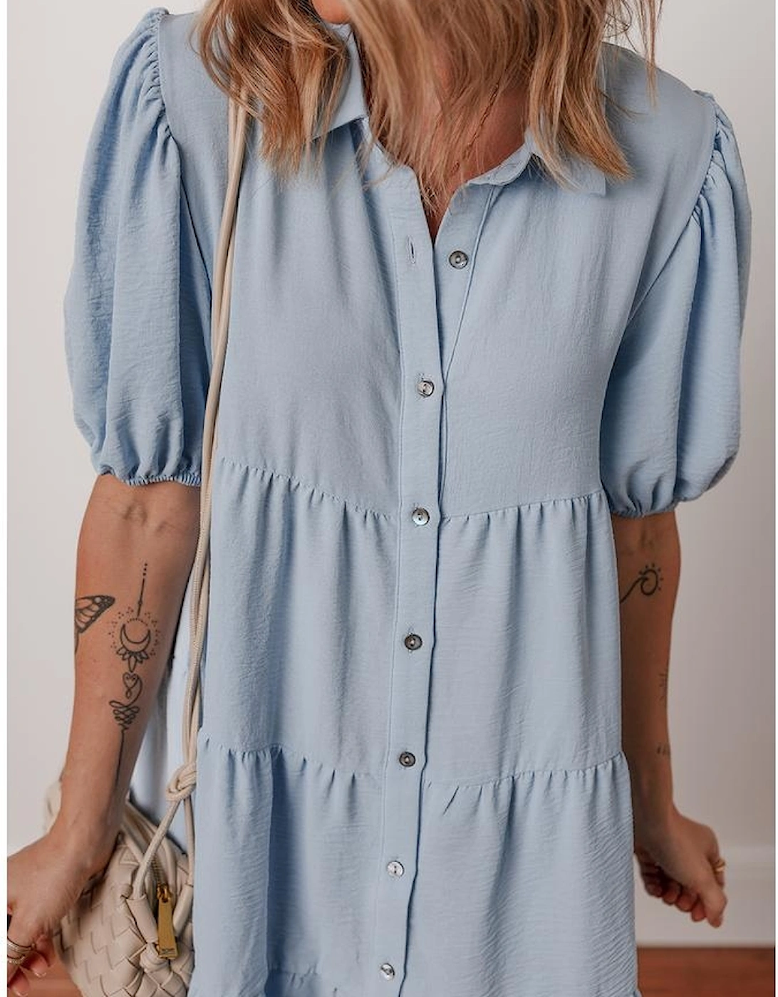 Beau Blue Shirt Collar Button Up Short Puff Sleeve Tiered Shift Dress