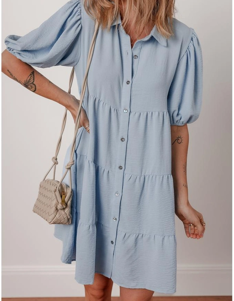 Beau Blue Shirt Collar Button Up Short Puff Sleeve Tiered Shift Dress