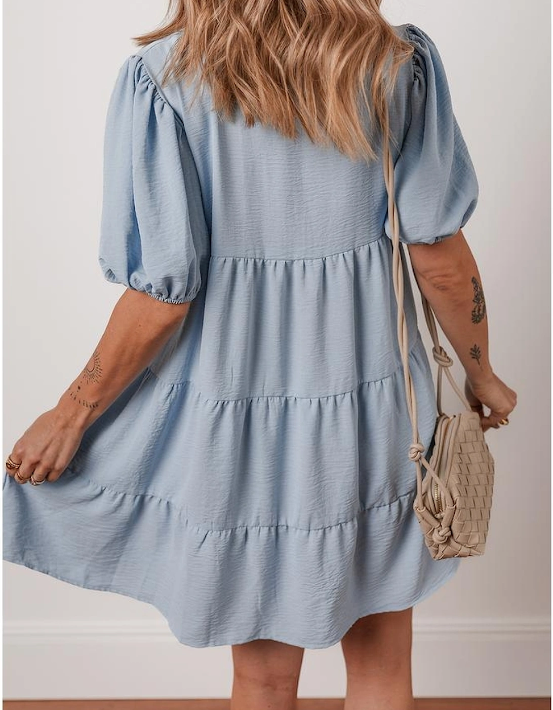 Beau Blue Shirt Collar Button Up Short Puff Sleeve Tiered Shift Dress, 10 of 9