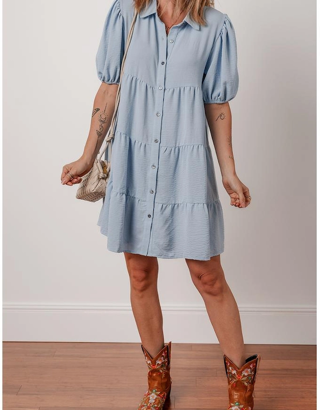 Beau Blue Shirt Collar Button Up Short Puff Sleeve Tiered Shift Dress