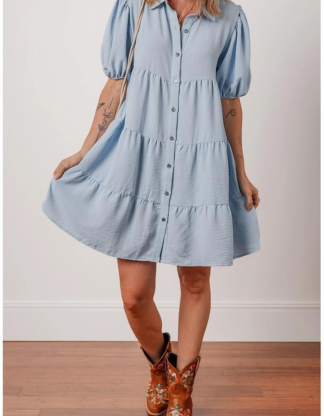 Beau Blue Shirt Collar Button Up Short Puff Sleeve Tiered Shift Dress