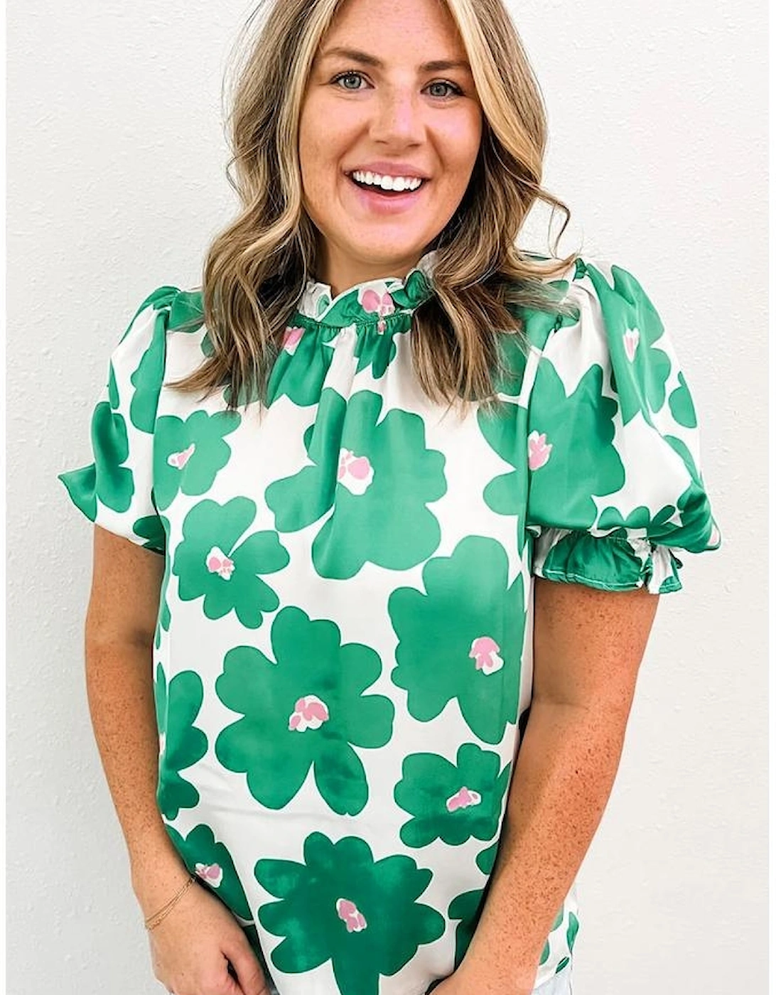 Green Floral Puff Sleeve Frill Neckline Blouse