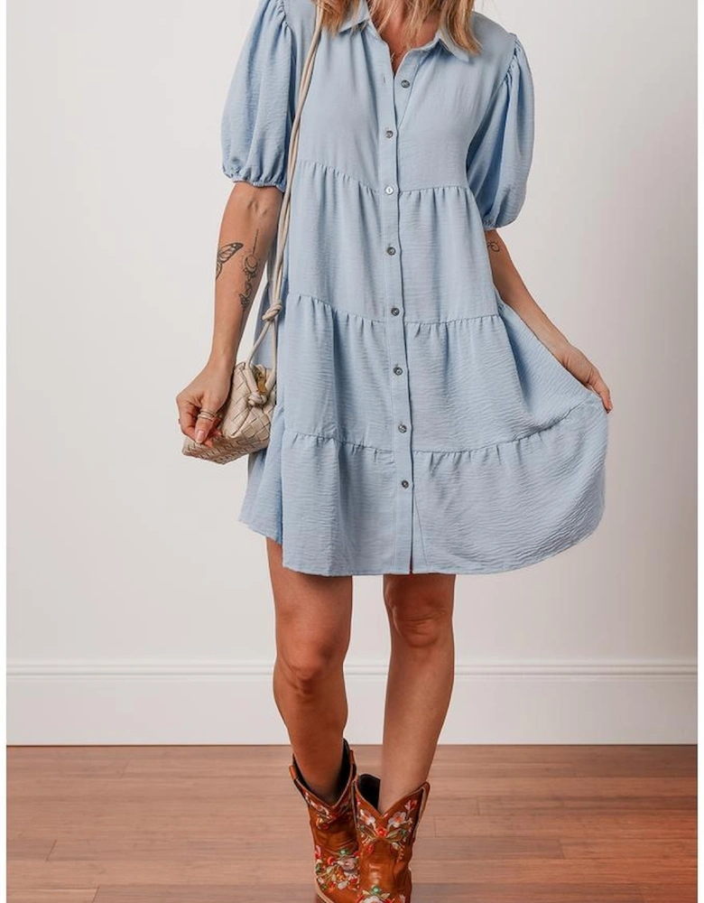 Beau Blue Shirt Collar Button Up Short Puff Sleeve Tiered Shift Dress