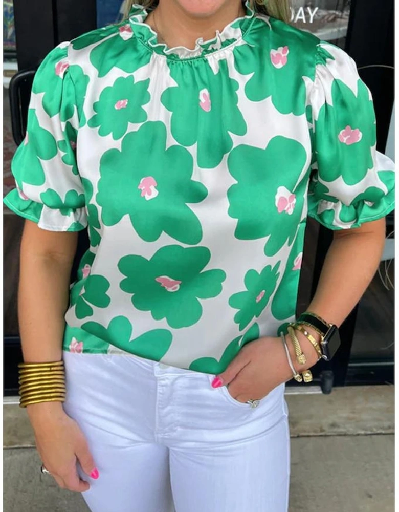 Green Floral Puff Sleeve Frill Neckline Blouse
