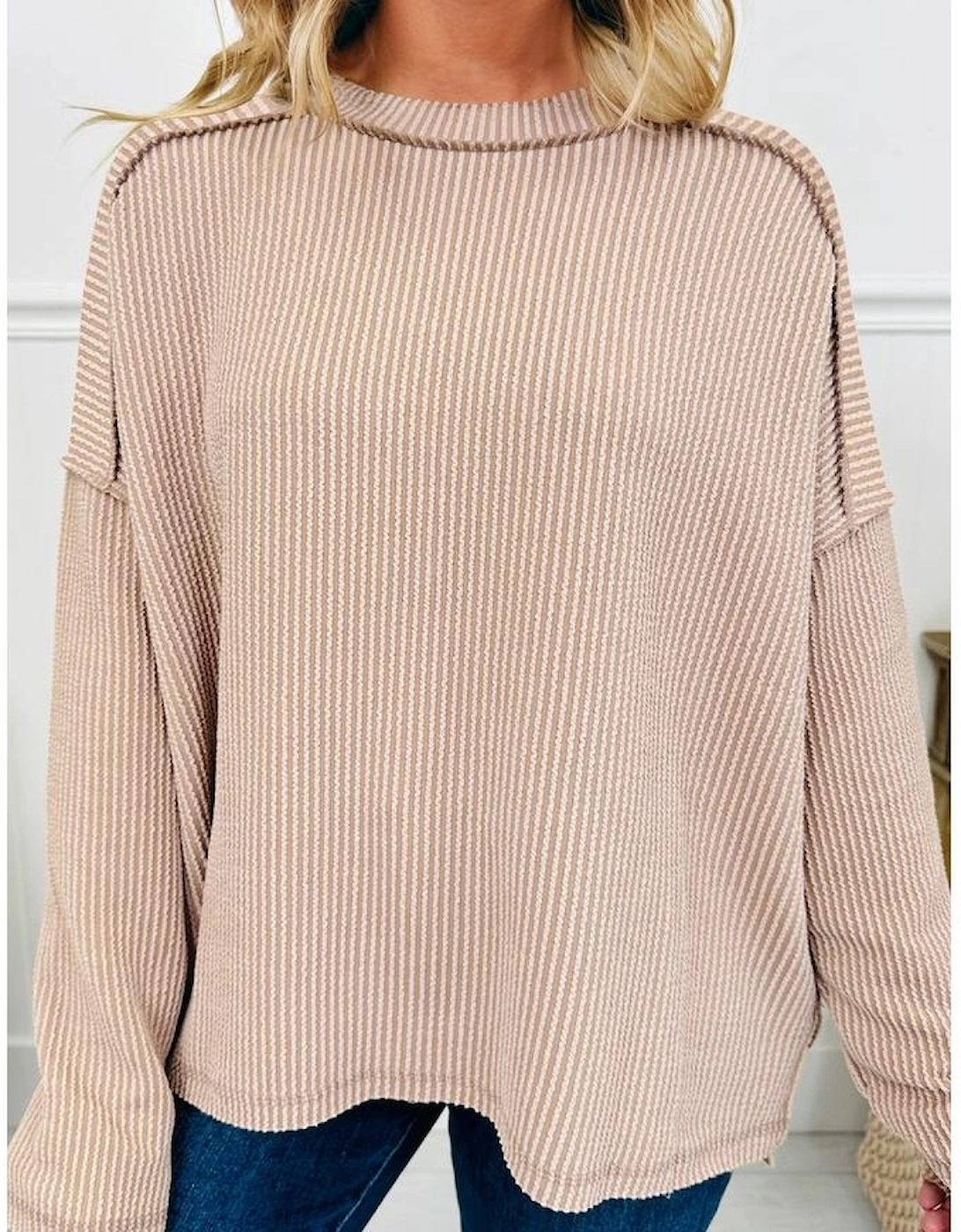 Parchment Twist Ribbed Exposed Seam Detail Long Sleeve Loose Top