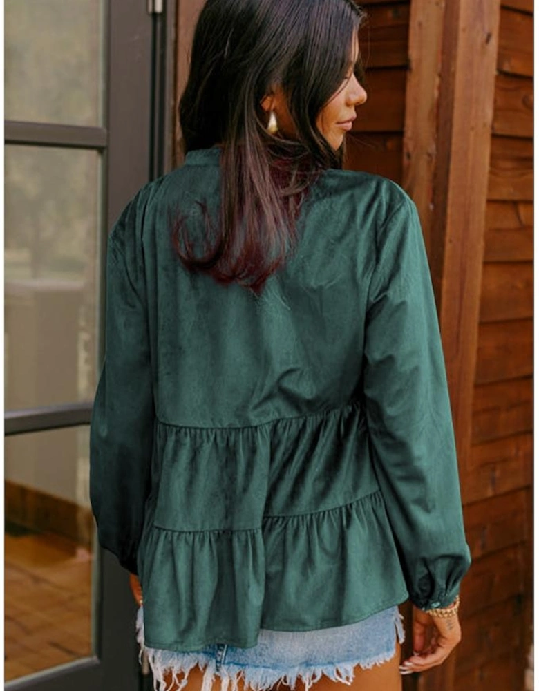 Skobeloff Corduroy Ruffle Tiered Buttoned O Neck Shirt