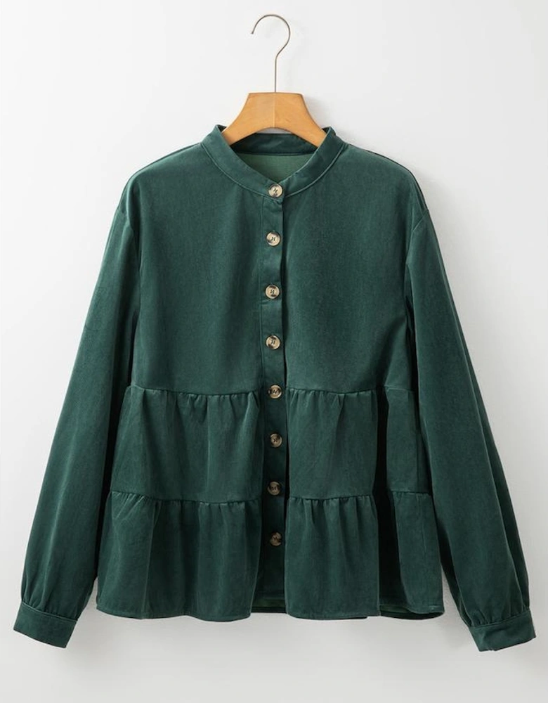Skobeloff Corduroy Ruffle Tiered Buttoned O Neck Shirt