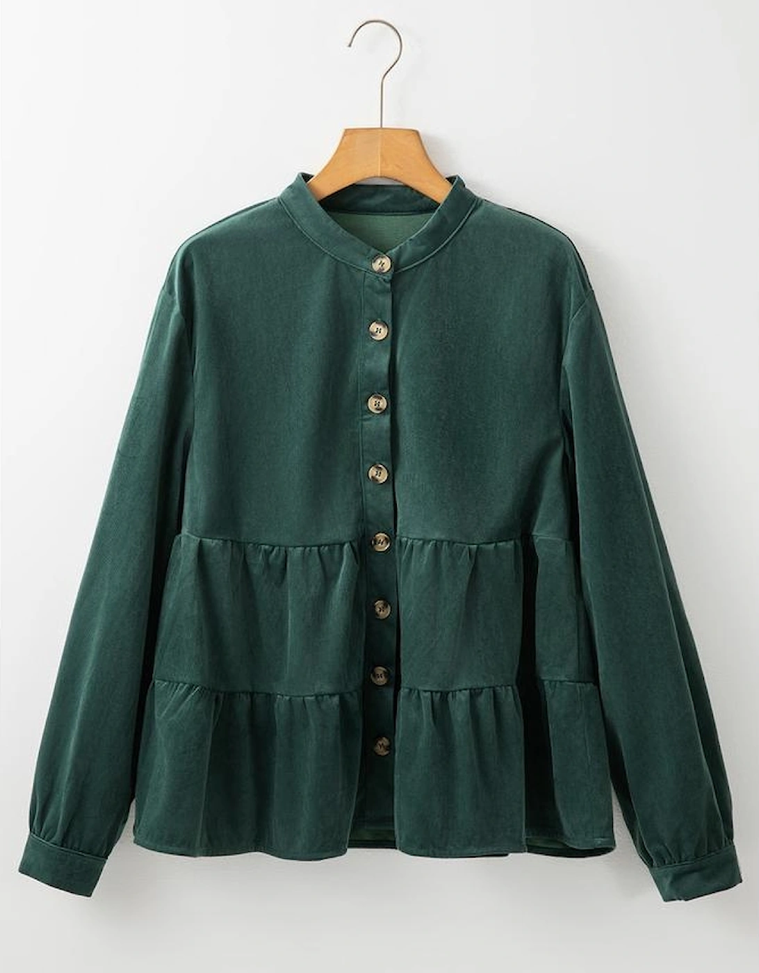 Skobeloff Corduroy Ruffle Tiered Buttoned O Neck Shirt