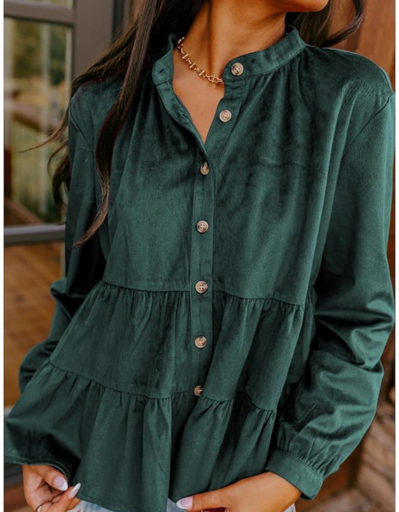 Skobeloff Corduroy Ruffle Tiered Buttoned O Neck Shirt