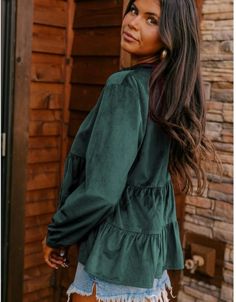 Skobeloff Corduroy Ruffle Tiered Buttoned O Neck Shirt