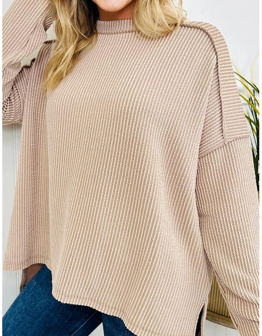 Parchment Twist Ribbed Exposed Seam Detail Long Sleeve Loose Top, 3 of 2