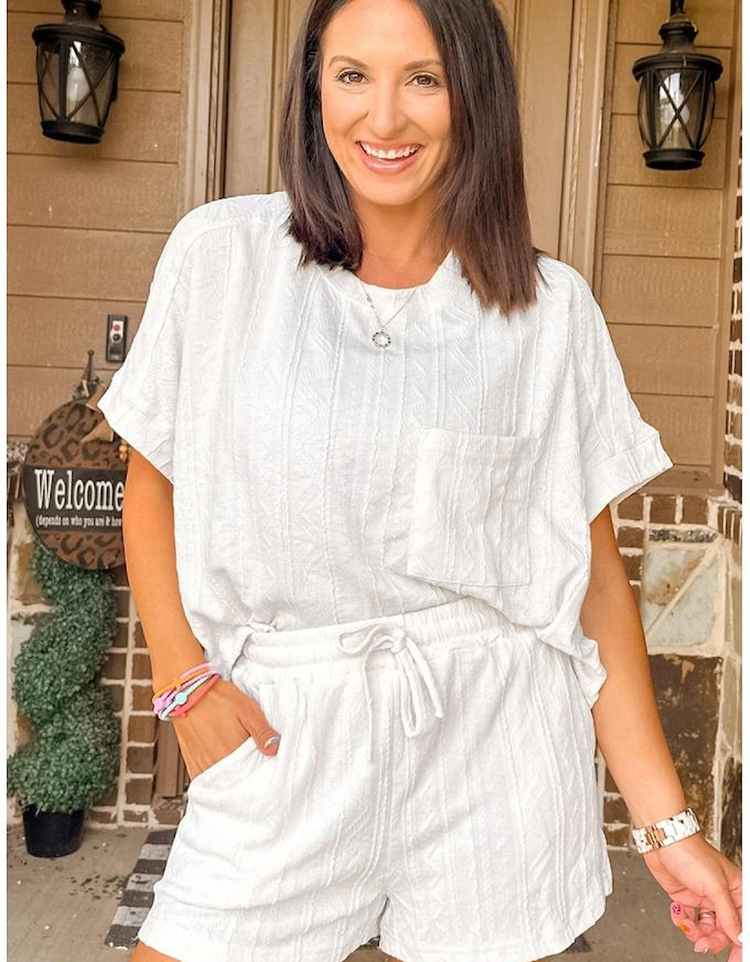 Jet Stream Textured Patched Pocket Short Sleeve Top Drawstring Shorts Set, 13 of 12