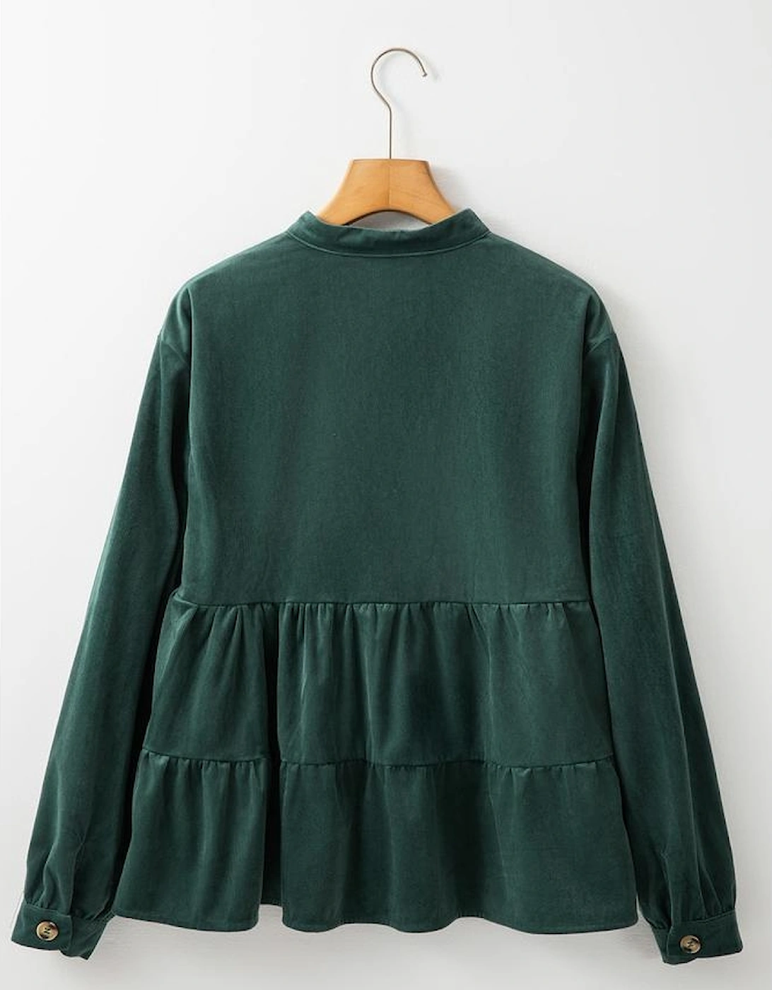 Skobeloff Corduroy Ruffle Tiered Buttoned O Neck Shirt