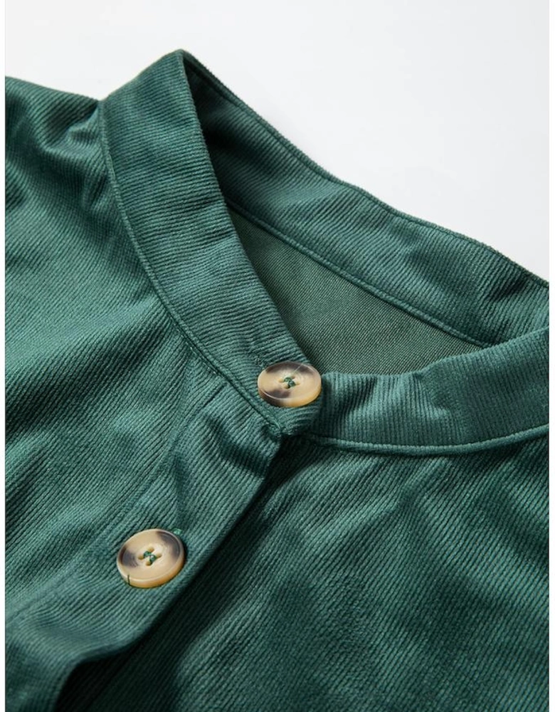 Skobeloff Corduroy Ruffle Tiered Buttoned O Neck Shirt