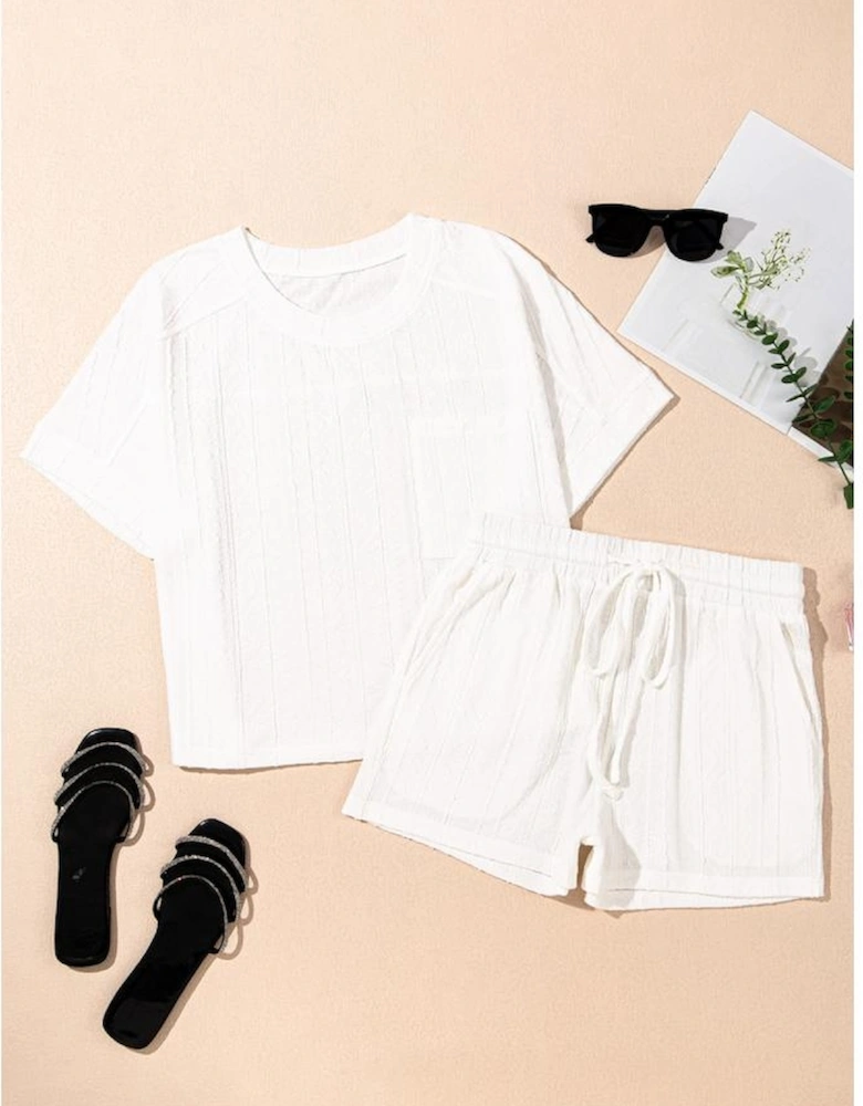 Jet Stream Textured Patched Pocket Short Sleeve Top Drawstring Shorts Set