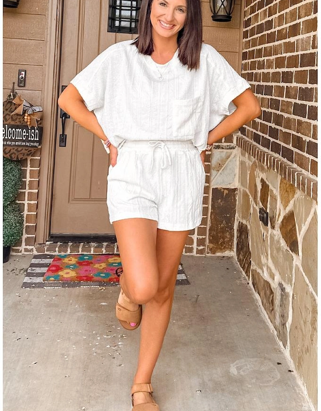 Jet Stream Textured Patched Pocket Short Sleeve Top Drawstring Shorts Set