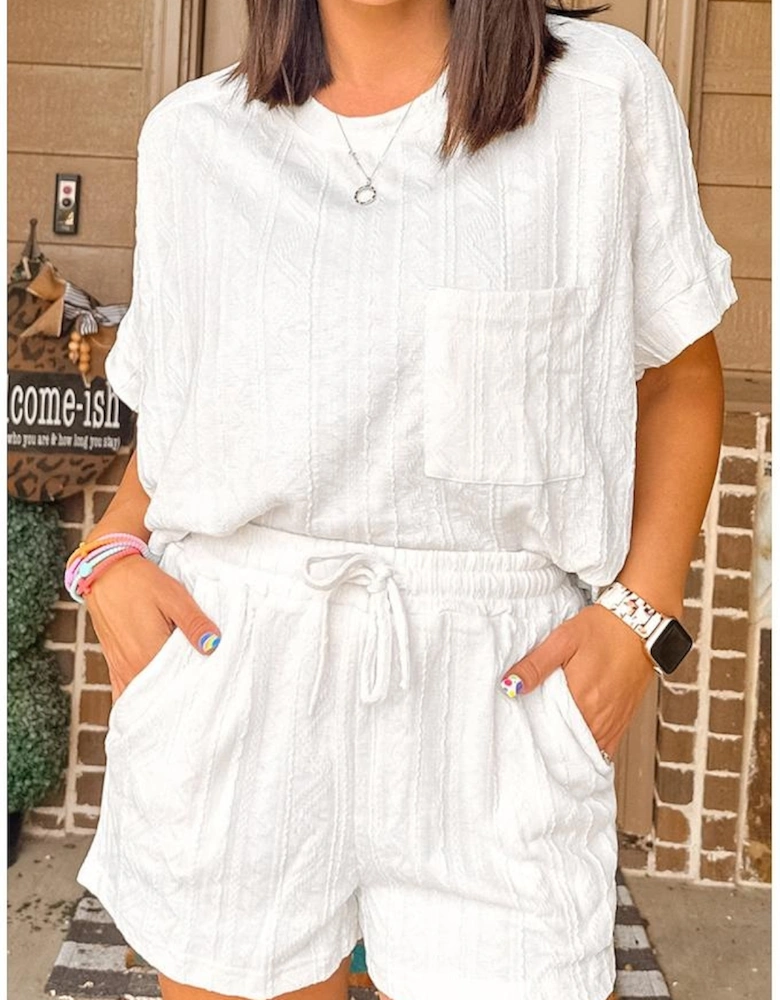 Jet Stream Textured Patched Pocket Short Sleeve Top Drawstring Shorts Set