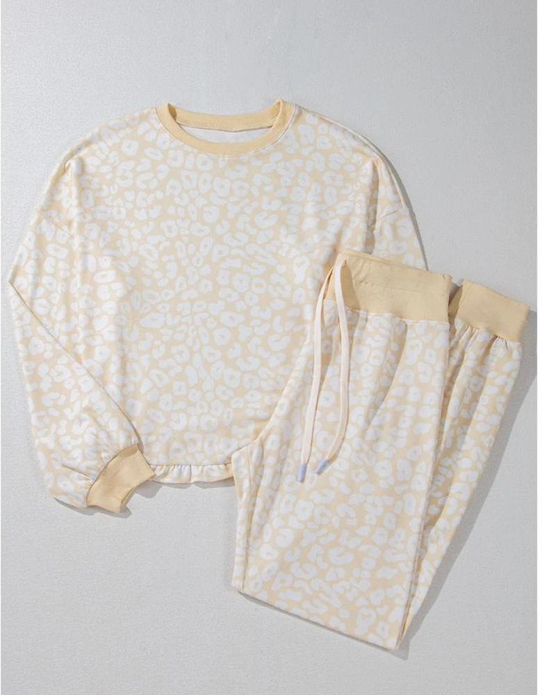 White Cheetah Print Two Piece Loose Fit Cozy Loungewear