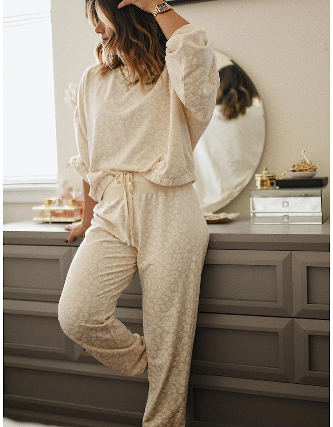 White Cheetah Print Two Piece Loose Fit Cozy Loungewear