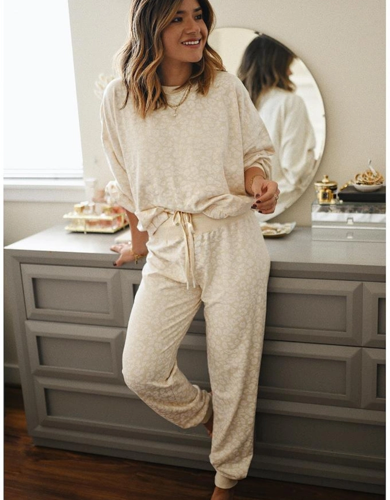 White Cheetah Print Two Piece Loose Fit Cozy Loungewear