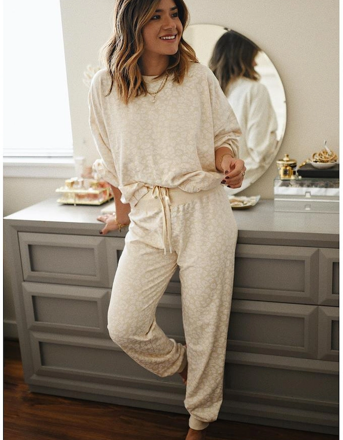 White Cheetah Print Two Piece Loose Fit Cozy Loungewear