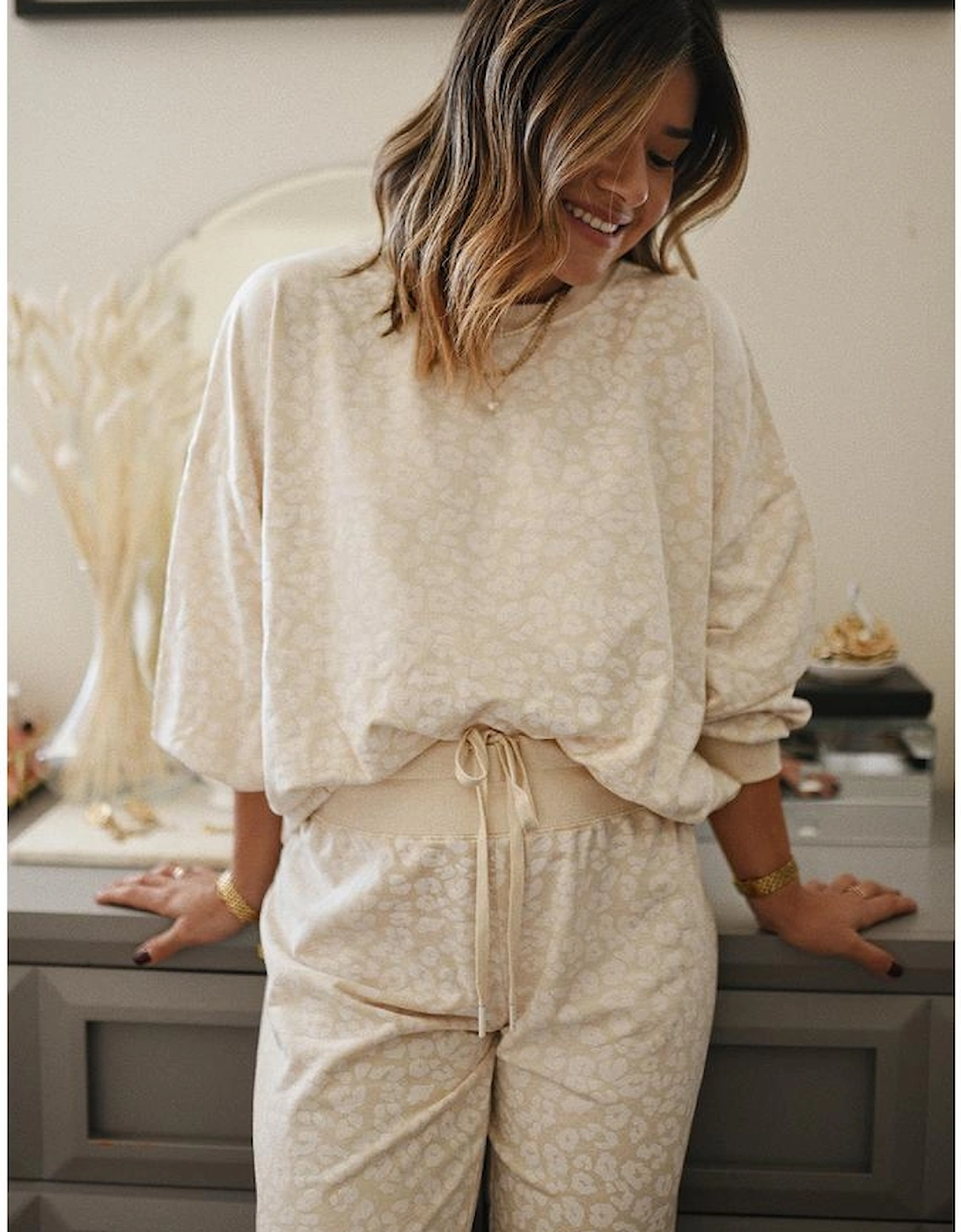 White Cheetah Print Two Piece Loose Fit Cozy Loungewear