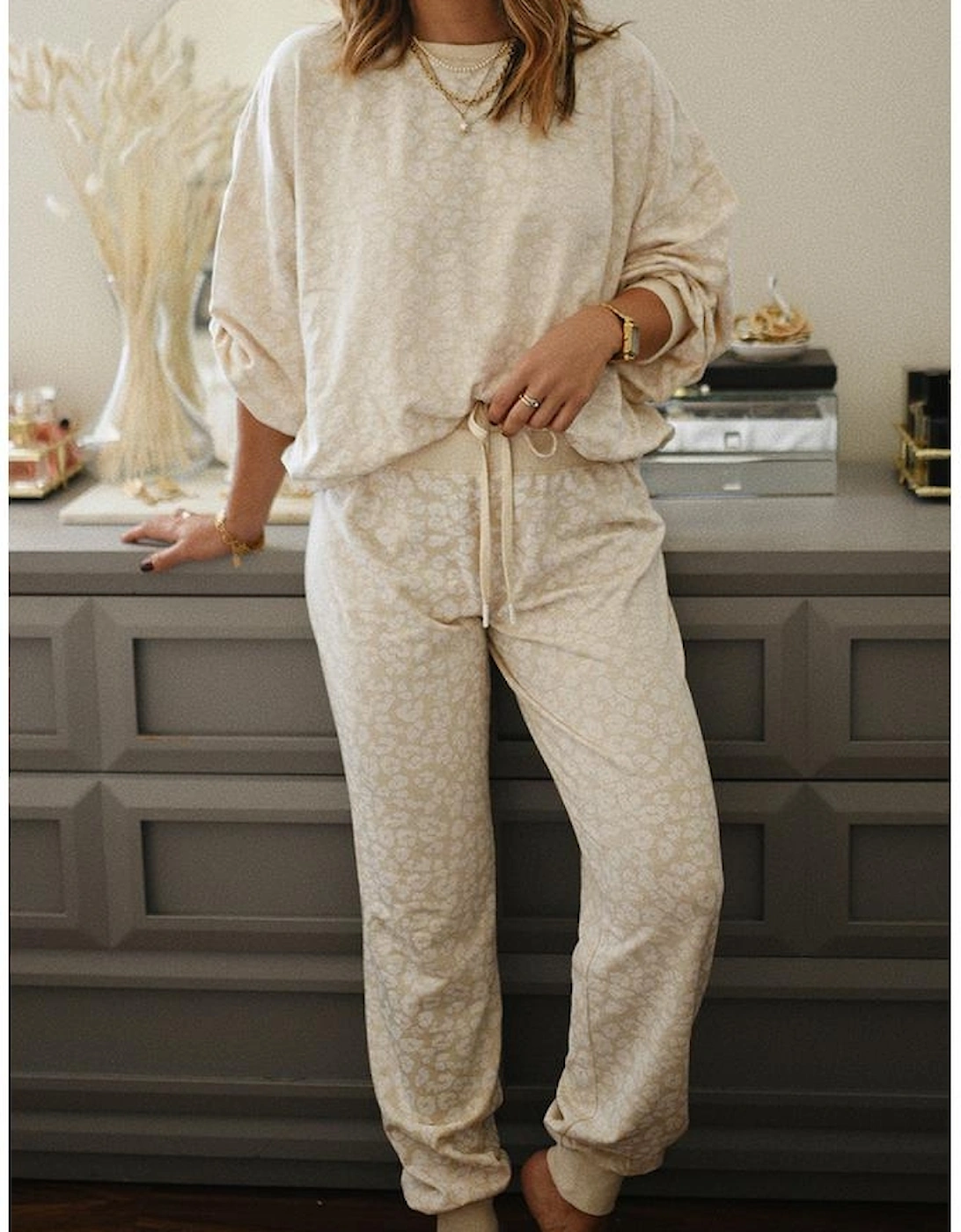 White Cheetah Print Two Piece Loose Fit Cozy Loungewear