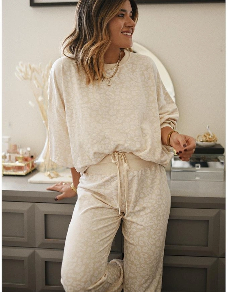 White Cheetah Print Two Piece Loose Fit Cozy Loungewear