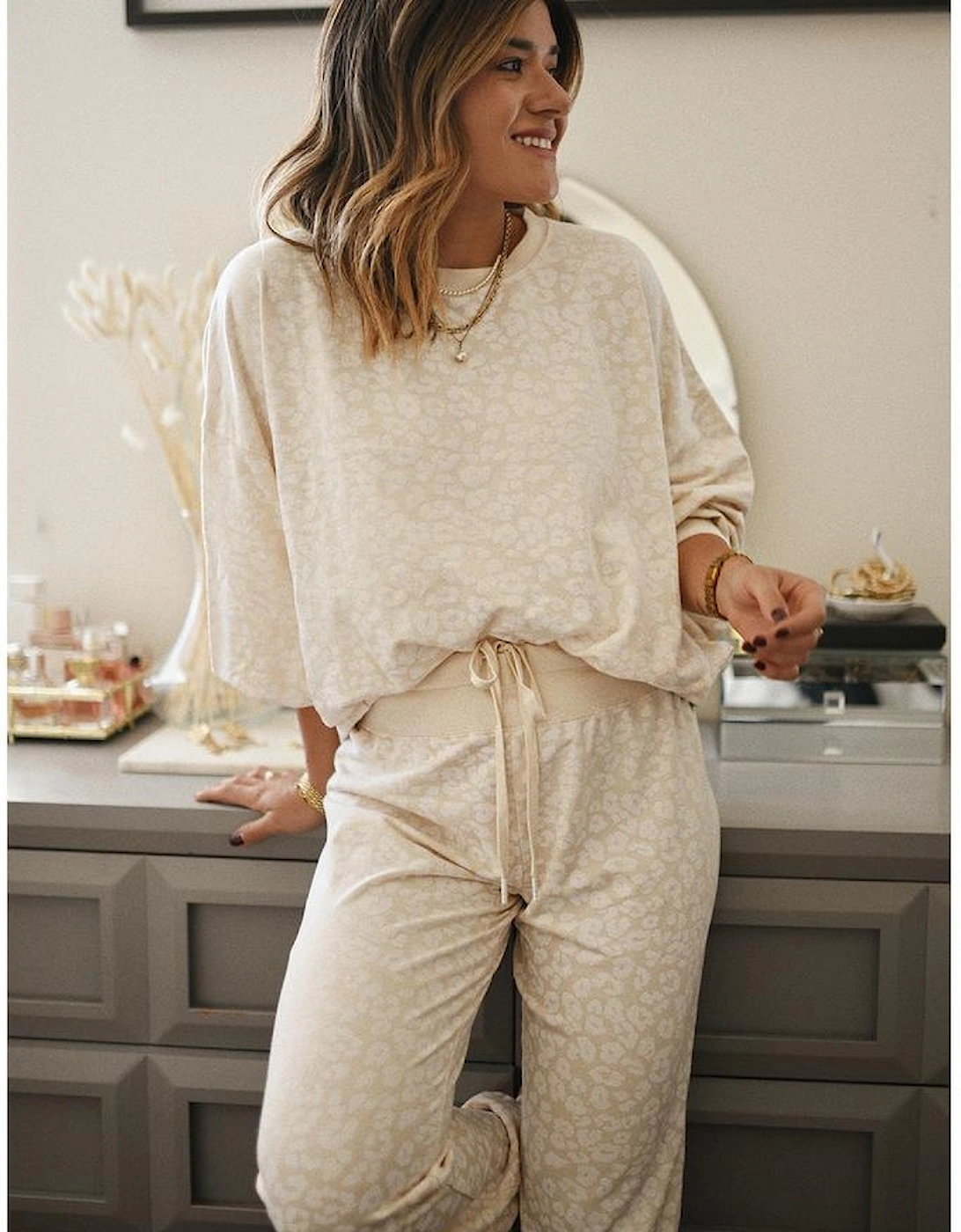 White Cheetah Print Two Piece Loose Fit Cozy Loungewear