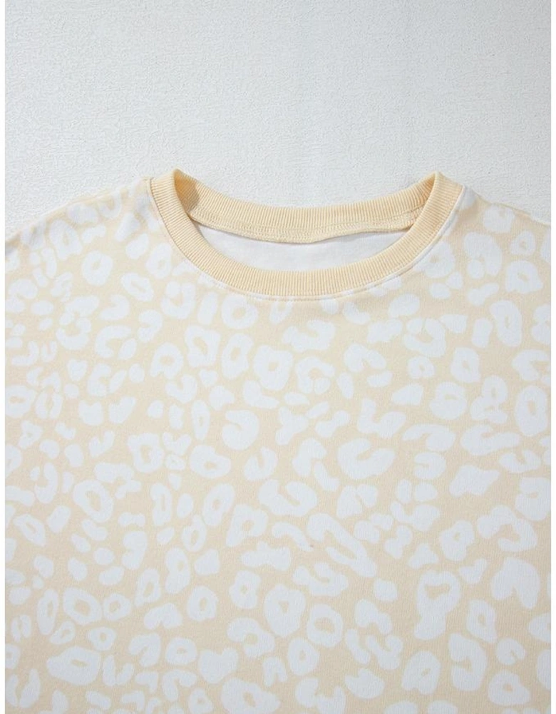 White Cheetah Print Two Piece Loose Fit Cozy Loungewear