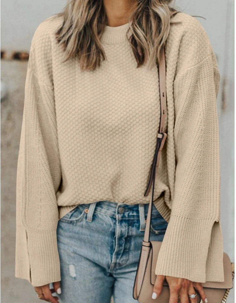 Parchment Solid Textured Knit Split Cuff Drop Shoulder Loose Sweater