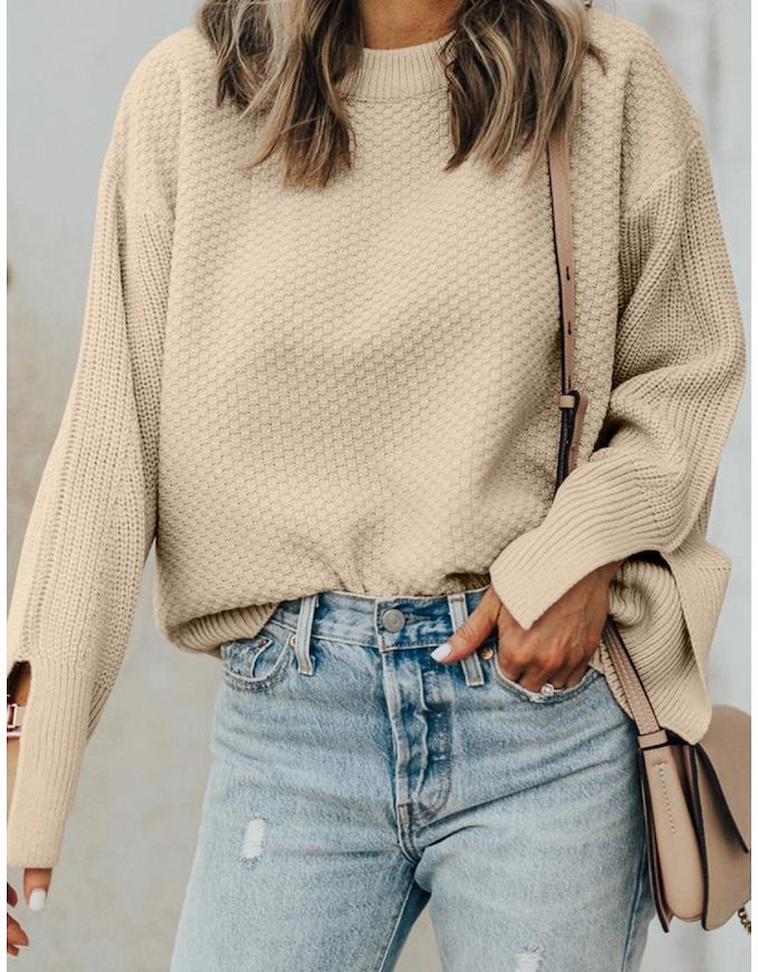 Parchment Solid Textured Knit Split Cuff Drop Shoulder Loose Sweater