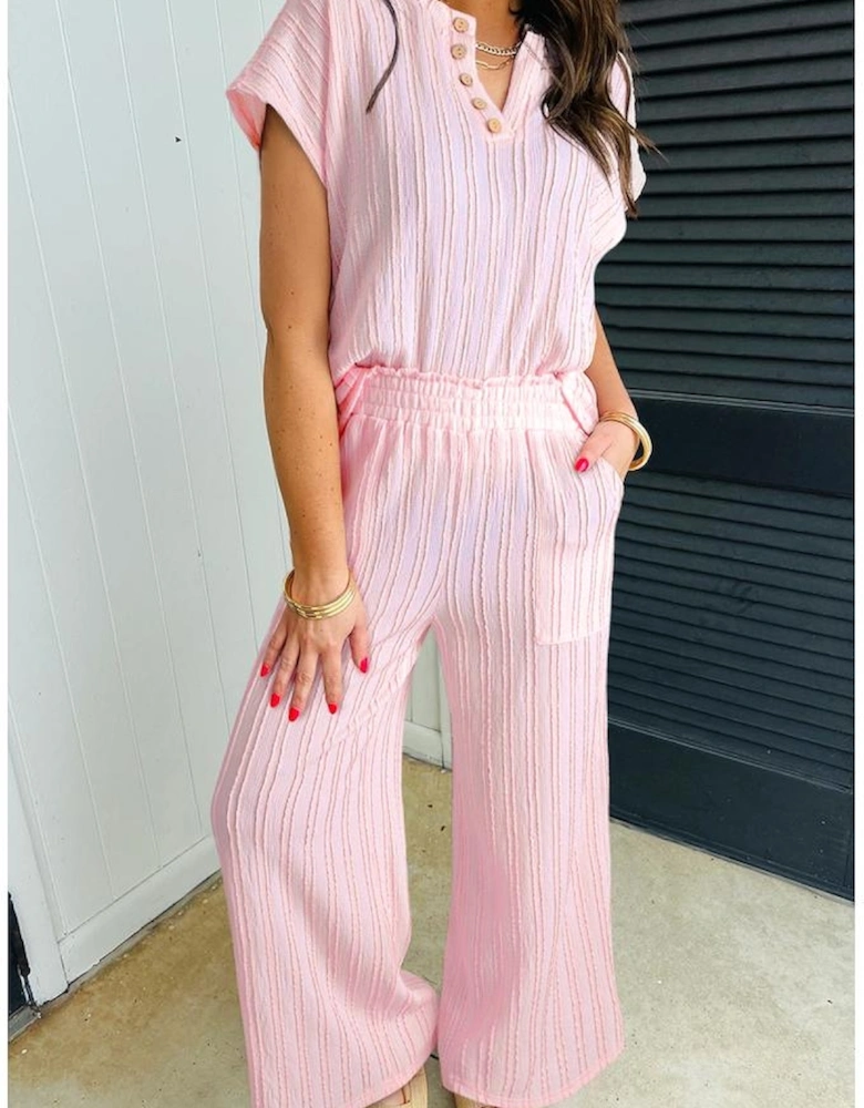 Light Pink Textured Short Sleeve Henley Top and Pocketed Wide Leg Pants