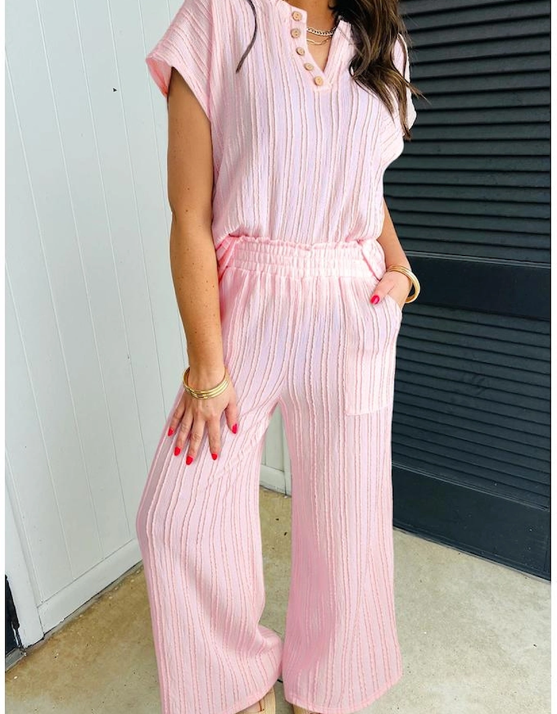 Light Pink Textured Short Sleeve Henley Top and Pocketed Wide Leg Pants, 11 of 10