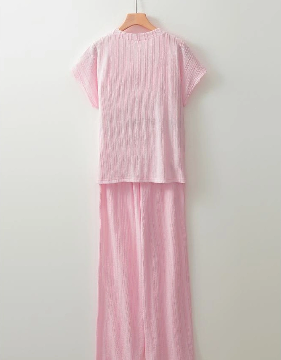 Light Pink Textured Short Sleeve Henley Top and Pocketed Wide Leg Pants