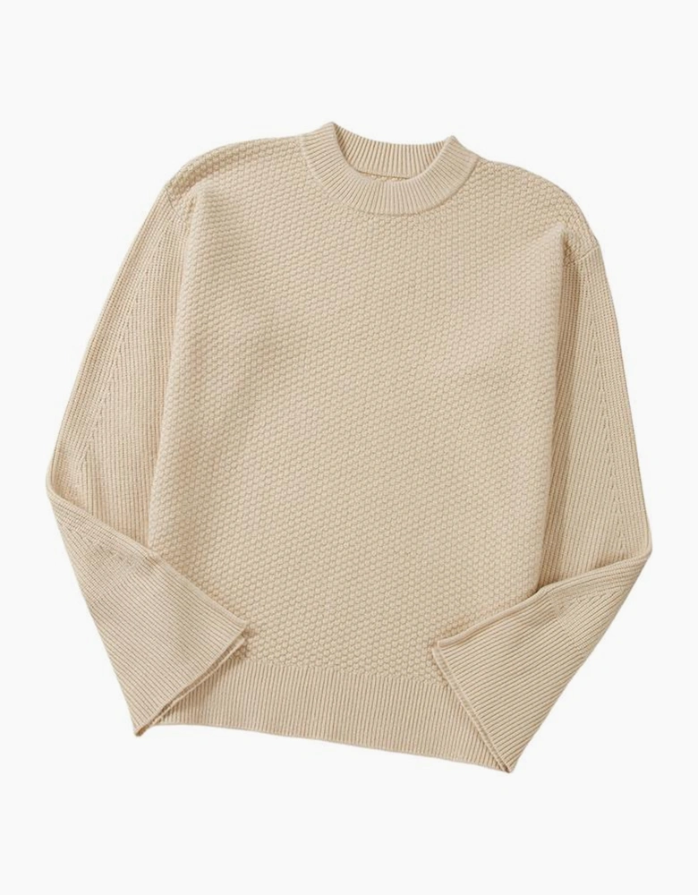 Parchment Solid Textured Knit Split Cuff Drop Shoulder Loose Sweater