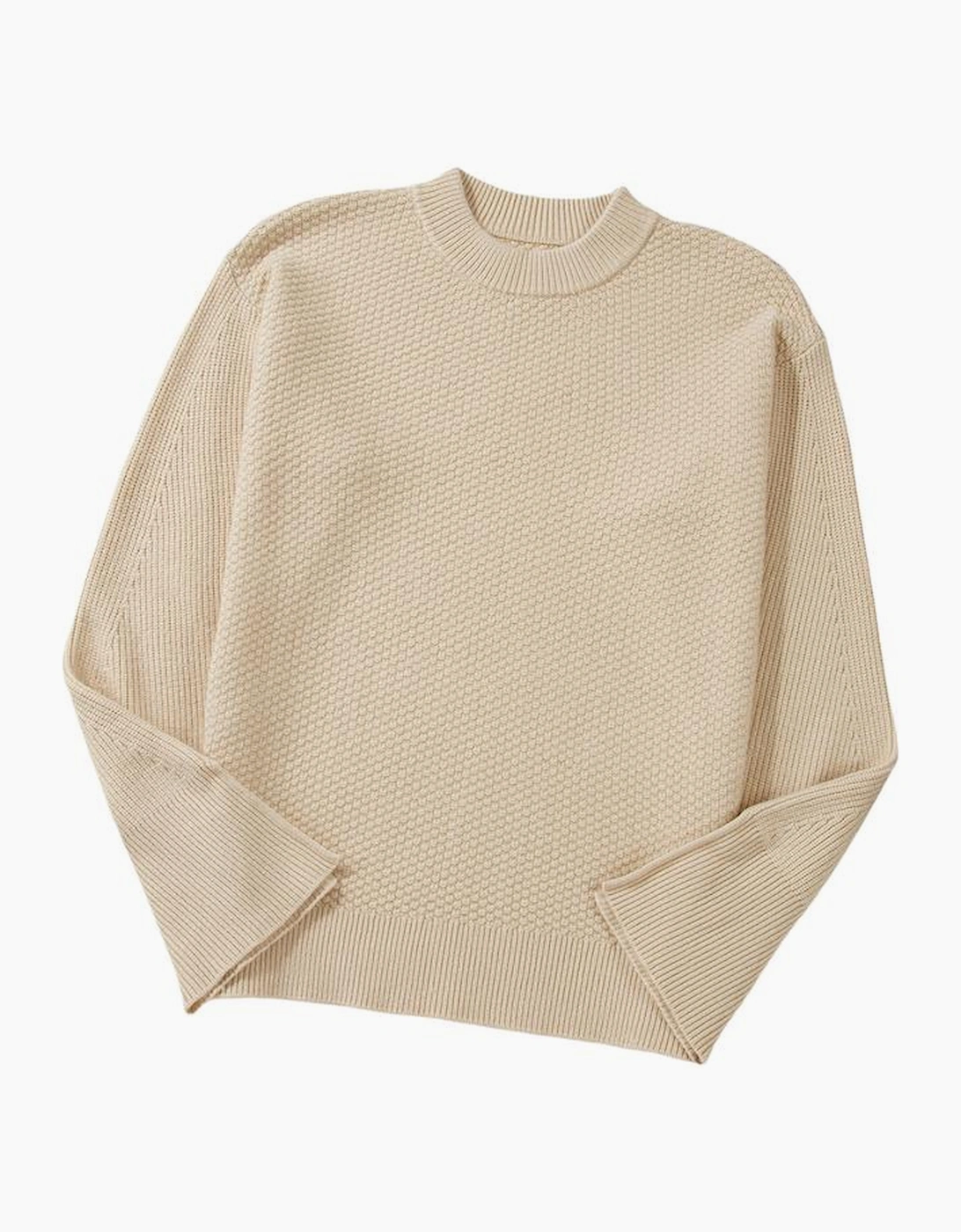 Parchment Solid Textured Knit Split Cuff Drop Shoulder Loose Sweater