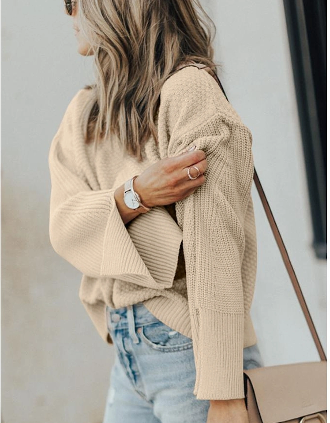 Parchment Solid Textured Knit Split Cuff Drop Shoulder Loose Sweater