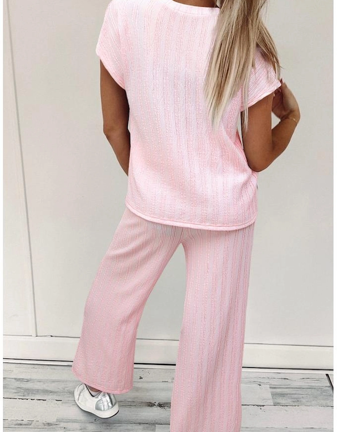 Light Pink Textured Short Sleeve Henley Top and Pocketed Wide Leg Pants