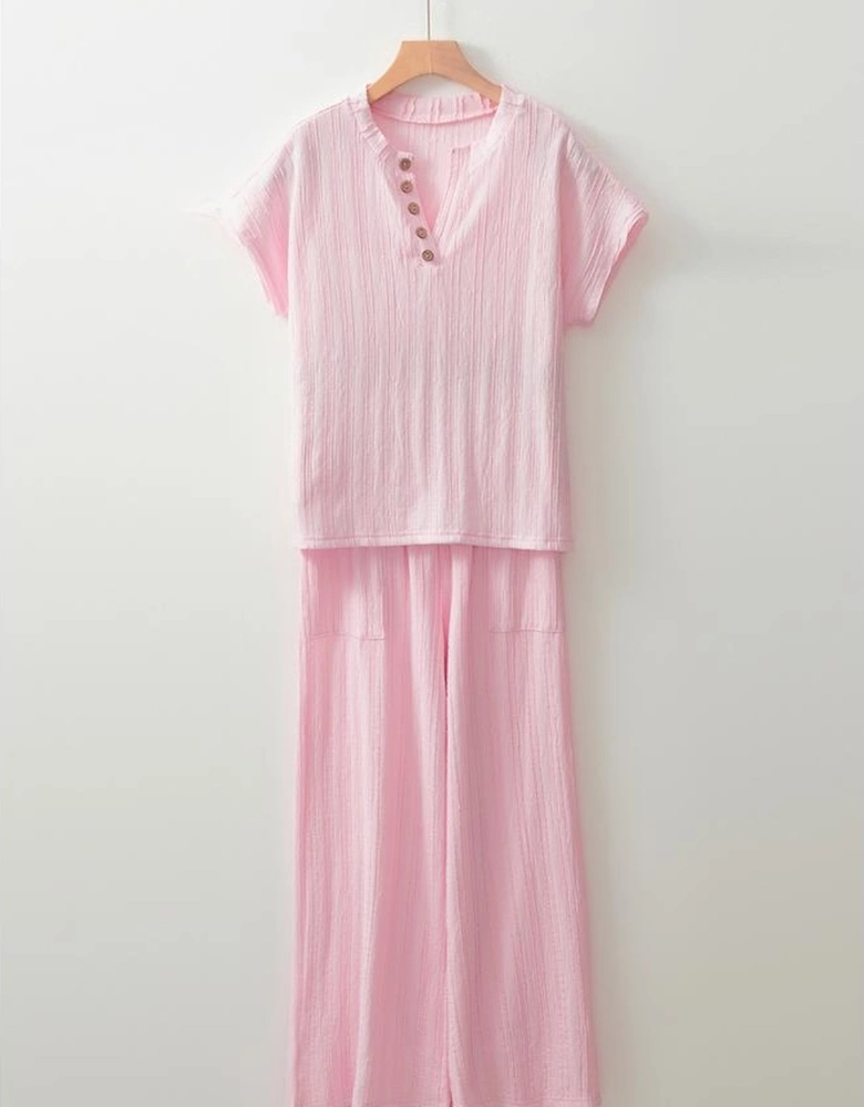 Light Pink Textured Short Sleeve Henley Top and Pocketed Wide Leg Pants