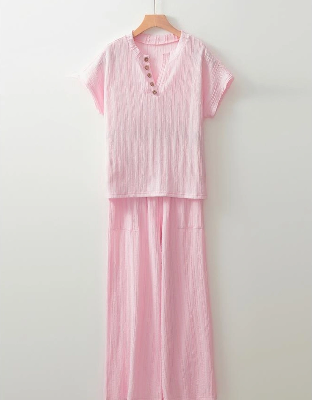Light Pink Textured Short Sleeve Henley Top and Pocketed Wide Leg Pants