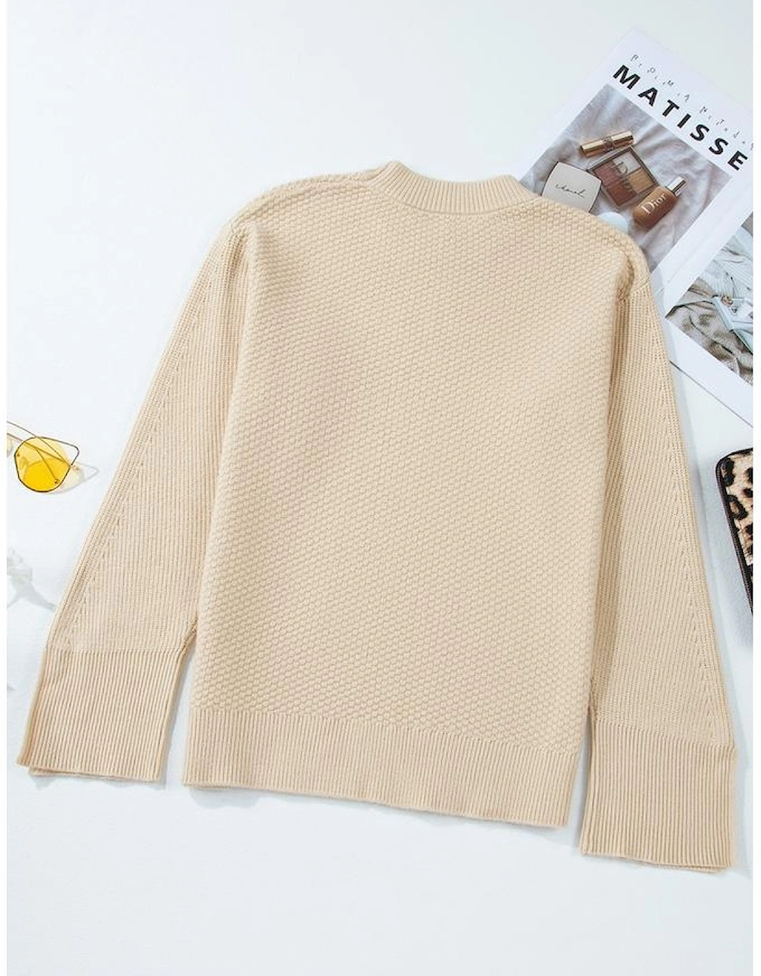 Parchment Solid Textured Knit Split Cuff Drop Shoulder Loose Sweater