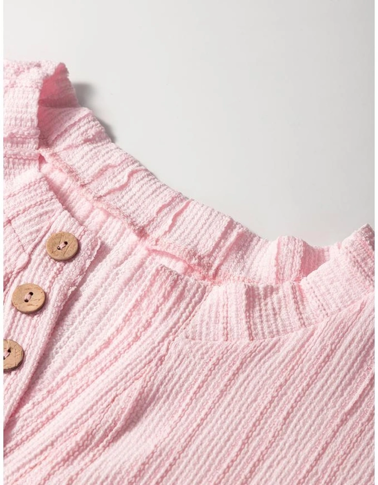 Light Pink Textured Short Sleeve Henley Top and Pocketed Wide Leg Pants