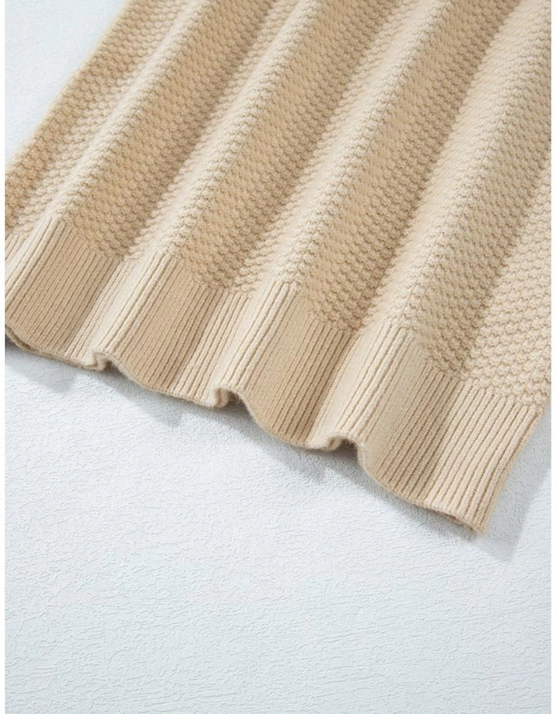 Parchment Solid Textured Knit Split Cuff Drop Shoulder Loose Sweater