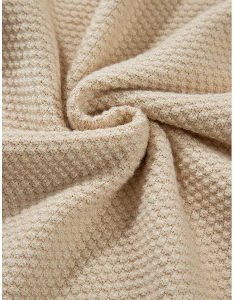 Parchment Solid Textured Knit Split Cuff Drop Shoulder Loose Sweater