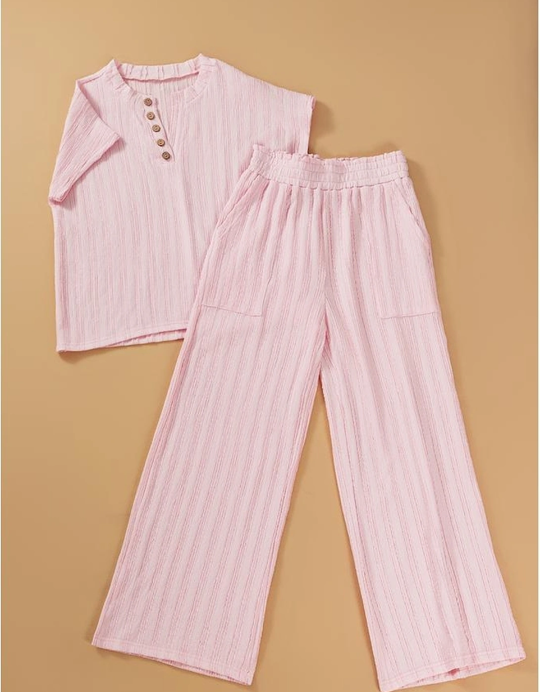 Light Pink Textured Short Sleeve Henley Top and Pocketed Wide Leg Pants