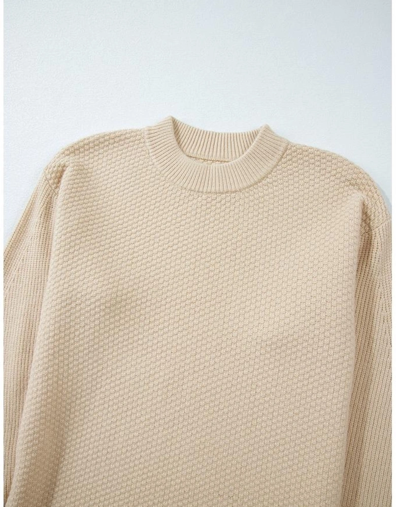 Parchment Solid Textured Knit Split Cuff Drop Shoulder Loose Sweater