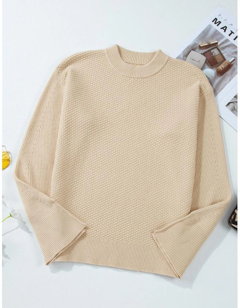 Parchment Solid Textured Knit Split Cuff Drop Shoulder Loose Sweater