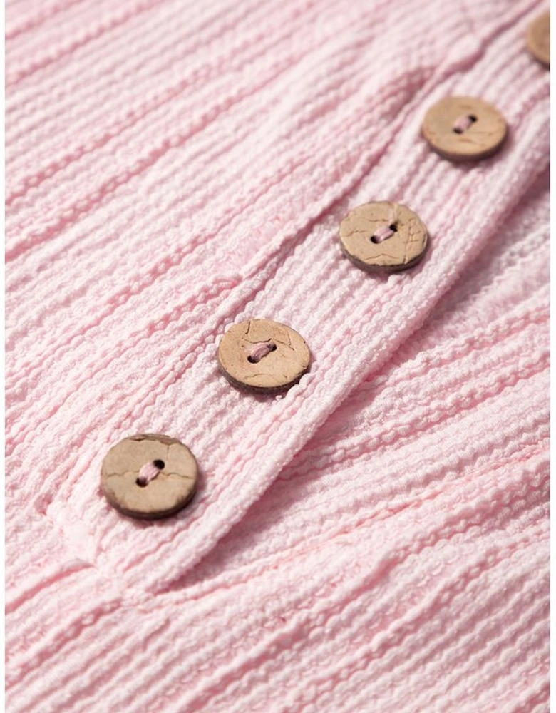 Light Pink Textured Short Sleeve Henley Top and Pocketed Wide Leg Pants